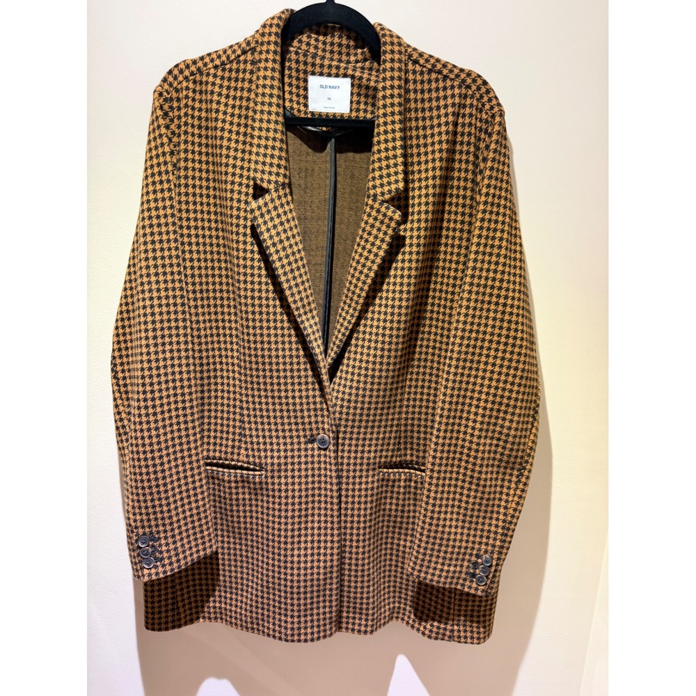 Old Navy Womens XXL Houndstooth Blazer Single Button Tan Black Longline Jacket